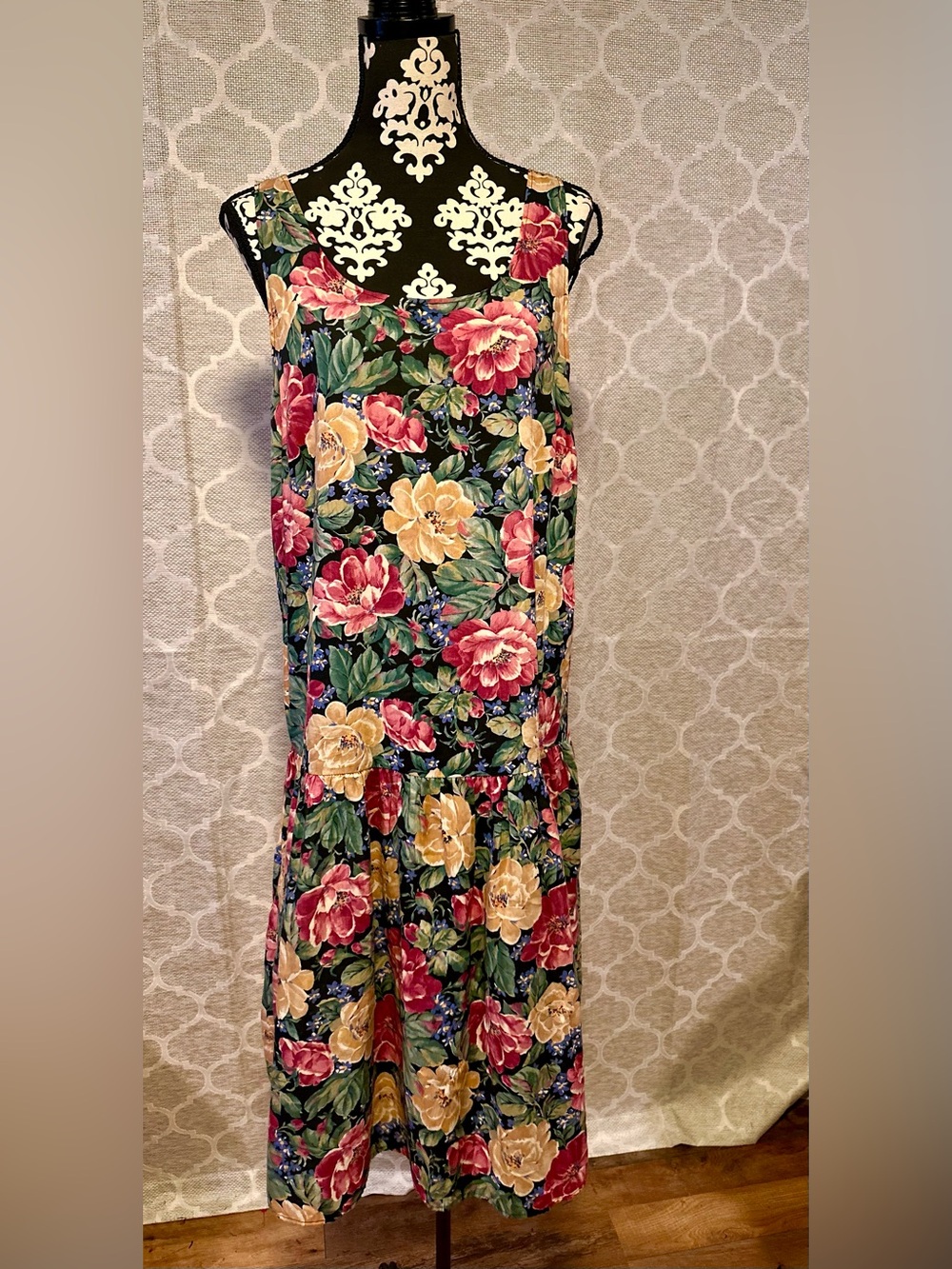 Byer California Dark Floral 80s/90s Vintage Drop Waist Dress size L